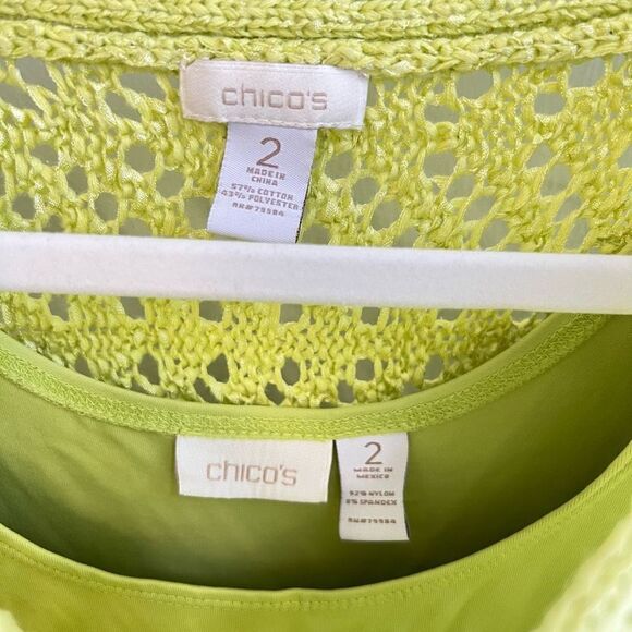 Chico’s Size 2(XL) Yellow Crocheted Knit Short Sleeve Blouse Shirt Top Stretch - Picture 8 of 10